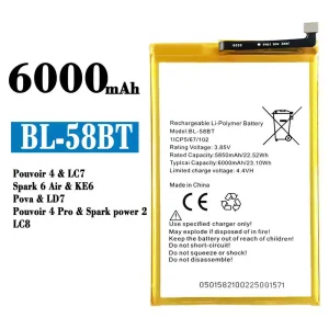 バッテリー BL-58BT 対応 Tecno Pouvoir 4 / Pouvoir 4 Pro/ Spark 6 Air / Spark power 2